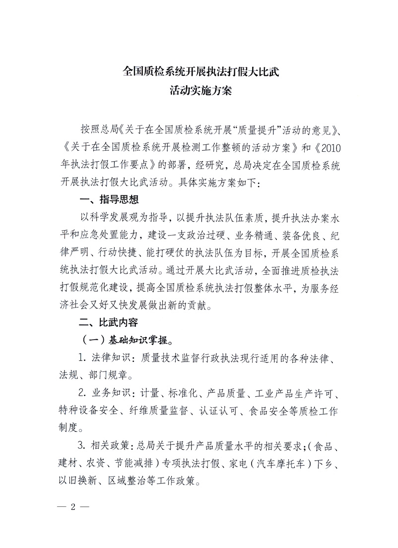 國(guó)家質(zhì)量監(jiān)督檢驗(yàn)檢疫總局《關(guān)于印發(fā)<全國(guó)質(zhì)檢系統(tǒng)開(kāi)展執(zhí)法打假大比武活動(dòng)實(shí)施方案>的通知》